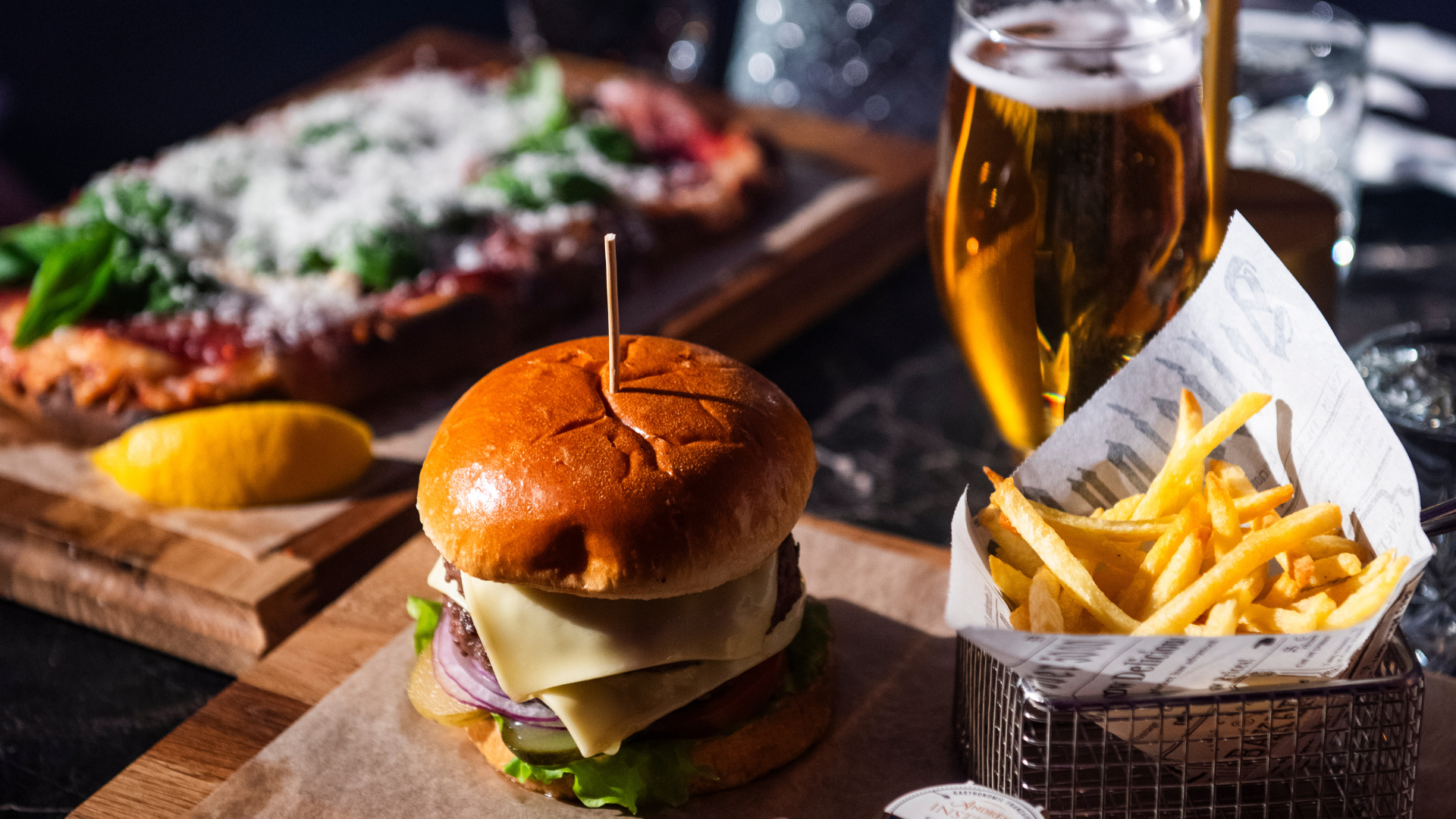 Velvet Room high quality dinner, hamburger and fries.